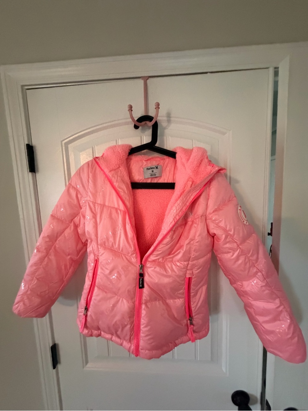 Hurley Girls Coral Pink Hooded Puffer Jacket with Sherpa Lining